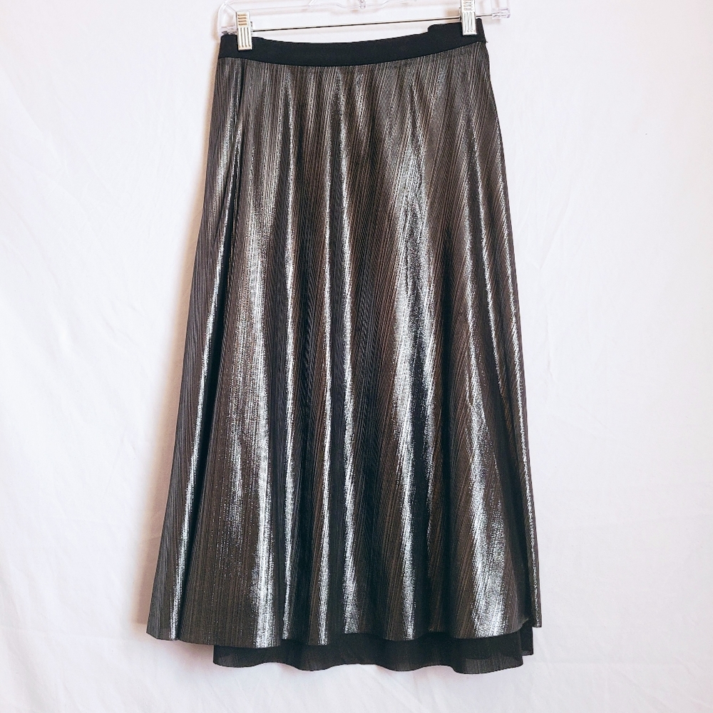 Metallic Silver & Black Pleated Midi Skirt Size 0X